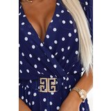 numoco basic 604-4 Sensual dress with white polka dots, a wrap neckline and a decorative belt - navy blue | Shoptok.si