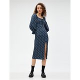 Koton Floral Dress Midi Square Neck Balloon Sleeves Slit | Shoptok.si