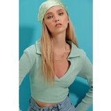 Trend Alaçatı Stili Women's Turquoise Polo Neck Corduroy Soft Textured Crop Blouse Cene