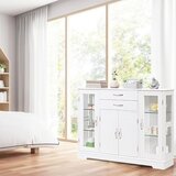  Lesena omarica za shranjevanje z vrati in predali iz kaljenega stekla, bela | Shoptok.si