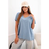 Kesi Włoski Women's cotton blouse with V-neckline and short sleeves denim Cijene
