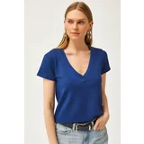 Olalook Women's Navy Blue Deep V-Neck Modal Button T-Shirt