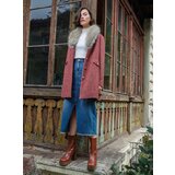 Orsay Women's Red Patterned Coat with Faux Fur - Women Cene