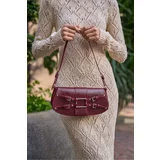 Madamra Burgundy Patent Leather Women's Belt Accessory Detailed Hand And Shoulder Bag
