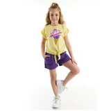 Mushi Ice Cream Girls' Yellow T-shirt with Purple Gabardine Shorts Set.