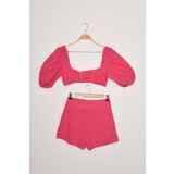 Trendyol Pink Balloon Sleeve Buckled Shorts Blouse Set | Shoptok.si