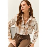 Olalook Women's Ecru Stone Single Pocket Plaid Lumberjack Shirt Cene