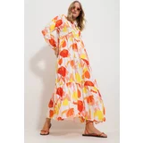 Trend Alaçatı Stili Women's Orange Big Collar Shawl Patterned Maxi Length Dress