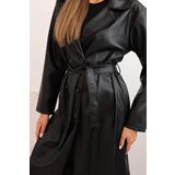 Kesi Włoski Women's faux leather trench coat with belt and collar black | Shoptok.si