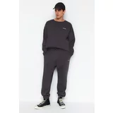 Trendyol Anthracite Men's Oversize Text Printed Tracksuit Set with Soft Pillow and Pillow.