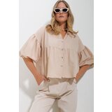 Trend Alaçatı Stili Women's Beige Balloon Sleeve Robe Gathered Kubra Cotton Crop Shirt Cijene