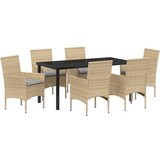  7-dijelni vrtni set za obedovanje s jastučićima bež poli rattan vrtni stol crni 160x80x73 cm staklo otporno na temperiranje | shoptok.hr