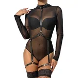 Leather Body Harness with Garters Black