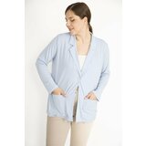 Şans Women's Blue Plus Size Single Button Unlined Pocket Cardigan Cene