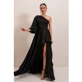 By Saygı One-Sleeved Crepe Satin Long Dress with Ruffle Front and Lined Black Cene