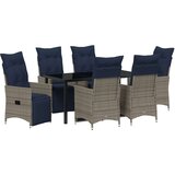  Blagovaonski set od 7 komada s jastučićima sivi poli ratan vrtni stol crna 160x80x73 cm od kaljenog stakla | shoptok.hr