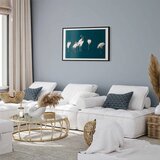  Plakat - Evening at the Pond - group of cranes drawn in dry pastel on a dark turquoise background 90x60 Crni okvir s margom | shoptok.hr