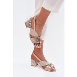 Laura Messi Leather Women's Heeled Sandals With Flowers Beige 2950 | Shoptok.si