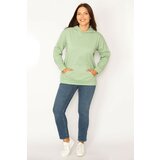 Şans Women's Plus Size Green Hooded Kangaroo Pocket Raising Sweatshirt Cene