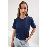 Trendyol Navy Blue 100% Cotton Gold Button Detail Regular Cut Knitted T-Shirt