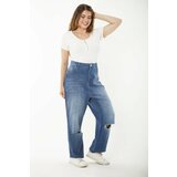 Şans Women's Plus Size Blue Ripped Detailed High Waist Leg Dirty Stitched Jeans cene
