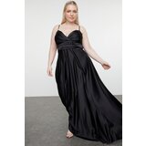 Trendyol Curve Black Strap Double Breasted Neck A-Line Maxi Woven Plus Size Evening Dress