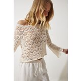  Women's Cream Openwork Crop Knitwear Blouse Cene