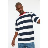 Trendyol White Men's Oversize Fit 100% Cotton Contrast Crew Neck Short Sleeve Striped TShirt Cene