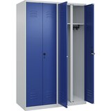 C+P Črno-bela garderobna omara Classic PLUS, 2 dela, svetlo sive / encijan modre barve, VxŠ 1850 x 1200 mm, talni drsniki, vrtljiv zapah | Shoptok.si