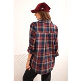 Kesi Włoski Women's cotton plaid shirt with a longer back navy | shoptok.hr
