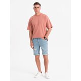 Ombre Men's short denim shorts with rubbing and rolled up leg - light blue | Shoptok.si