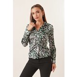 By Saygı Leopard Print Satin Shirt Green With Smocked Front | shoptok.hr