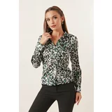 By Saygı Leopard Print Satin Shirt Green With Smocked Front