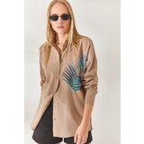 Olalook Mink Palm Sequin Detailed Oversized Woven Poplin Shirt | Shoptok.si