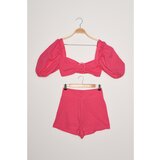 Trendyol Pink Balloon Sleeve Buckled Shorts Blouse Set cene