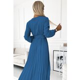 numoco basic Pleated midi dress with neckline, long sleeves and wide belt Numoco | ePonuda.com