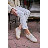 Madamra Women's Beige Thick Laced Leather Look Sneakers