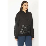 Şans Women's Plus Size Black Lacquer Print And Mesh Detailed Hooded Kangaroo Pocket Sweatshirt Cene