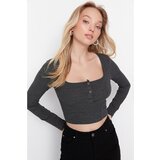 Trendyol Anthracite Corduroy Crop Knitted Blouse Cene