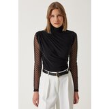  Women's Black Polka Dot Lace Sleeve Gathered Knitted Blouse | shoptok.hr