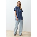 Trendyol Blue Oversize/Wide Fit Galaxy Front and Back Printed Washed Knitted T-Shirt cene