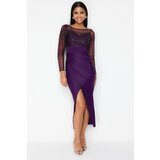 Trendyol purple tulle detailed knitted elegant evening dress Cene