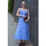 Madmext Blue Patterned Slit Long Dress Cene