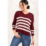 armonika Women's Claret Red V-Neck Striped Short Front Sweater Cene