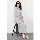 Trendyol Gray Polo Neck Button Detailed Plain Knitted Dress