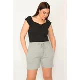 Şans Women's Large Size Gray Cotton Fabric Eyelet Detailed Waist Elastic Pocket Shorts