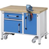 eurokraft pro kompaktna delovna miza s podvozjem z možnostjo spuščanja in primežem, plošča iz masivne bukovine, šxgxv 1270 x 700 x 850 mm Cene