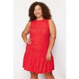 Trendyol Curve Red Polka Dot Printed Zero Sleeve Flounce Shift/Plain Mini Flexible Knitted Dress | Shoptok.si