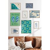 Wallxpert set od 8 uramljenih slika Çgs-067, plavo-zeleni morski motivi – ribe, kamenice i hobotnica, ram u boji prirodnog drveta | Eponuda.com