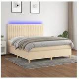 vidaXL Box spring postelja z vzmetnico LED krem 160x200 cm blago
